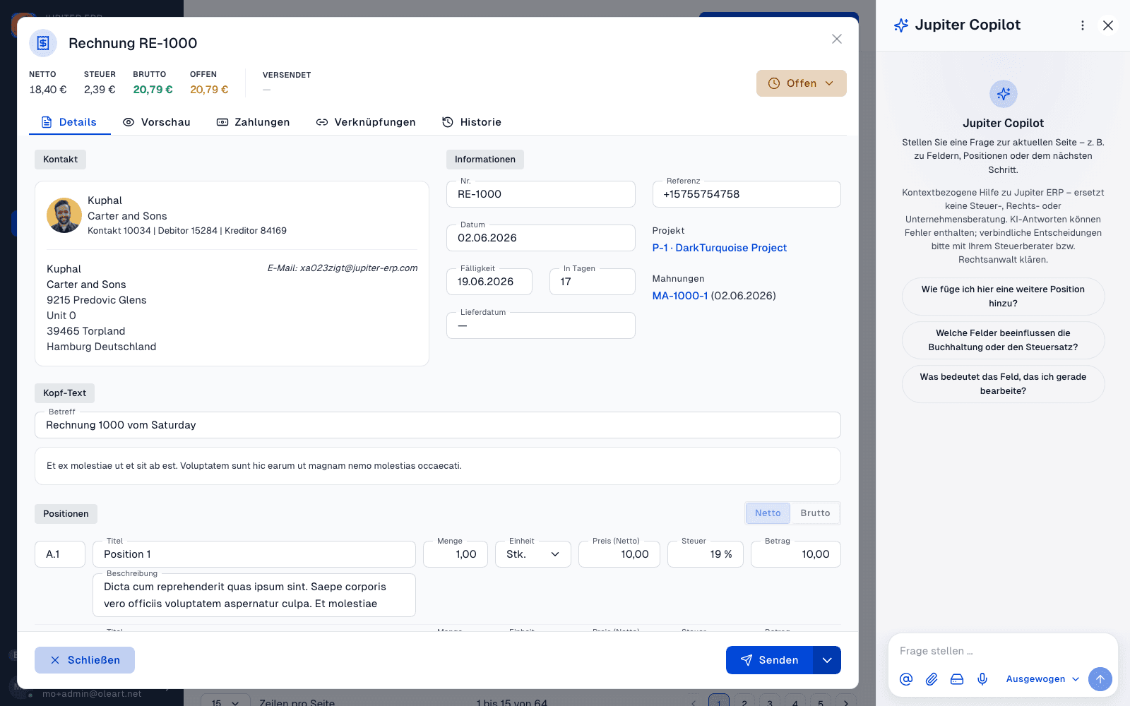 Jupiter KI-Assistent — Sidebar neben einer geöffneten Rechnung im Jupiter Panel